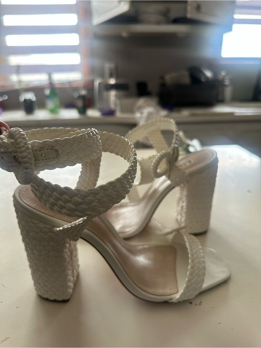 SCHUTZ White Braided Block Heel Sandals leather